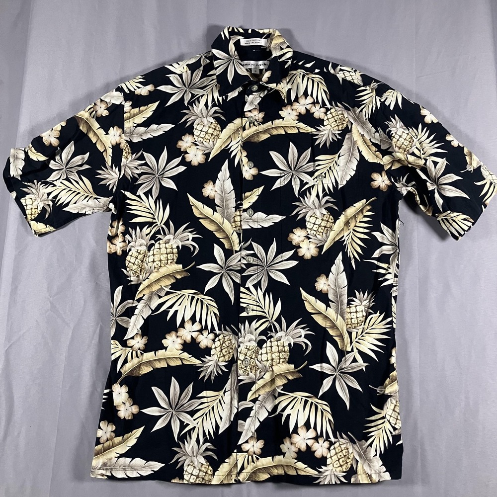 Pierre Cardin Shirt‎ Mens Small Black Pineapple Floral Hawaiian Button Up